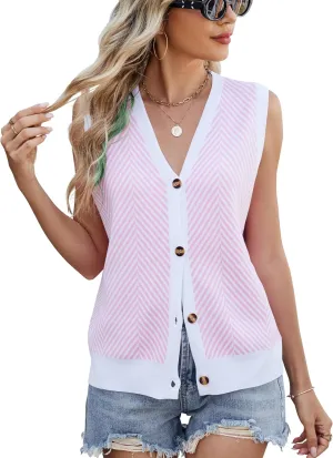 Womens Sweater Vest Summer Striped Cardigan Tops 2025 Sleeveless Button Down Casual Business Knit Outfits