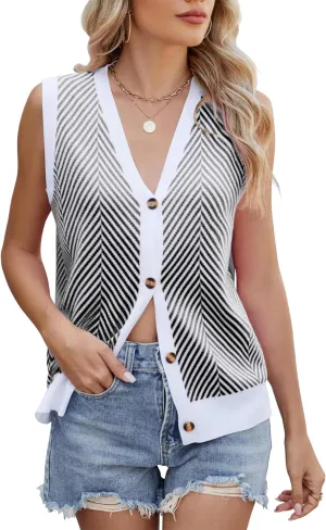 Womens Sweater Vest Summer Striped Cardigan Tops 2025 Sleeveless Button Down Casual Business Knit Outfits