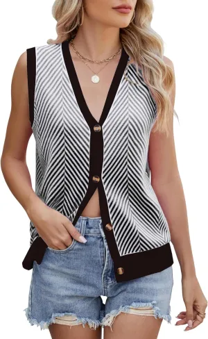 Womens Sweater Vest Summer Striped Cardigan Tops 2025 Sleeveless Button Down Casual Business Knit Outfits