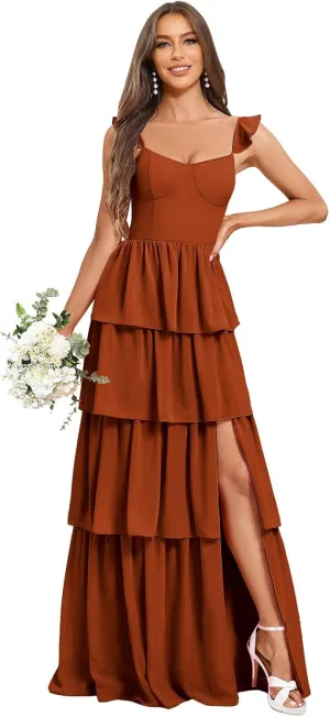Women's Tiered Bridesmaid Dresses for Wedding Long Chiffon Ruffles Formal Evening Gowns with Slit