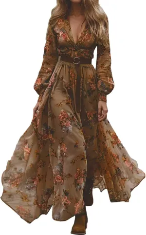 Women's Vintage Floral Maxi Dress Women's Vintage Pastoral Flower Sexy V-Neck Long Sleeve Western Long Dress