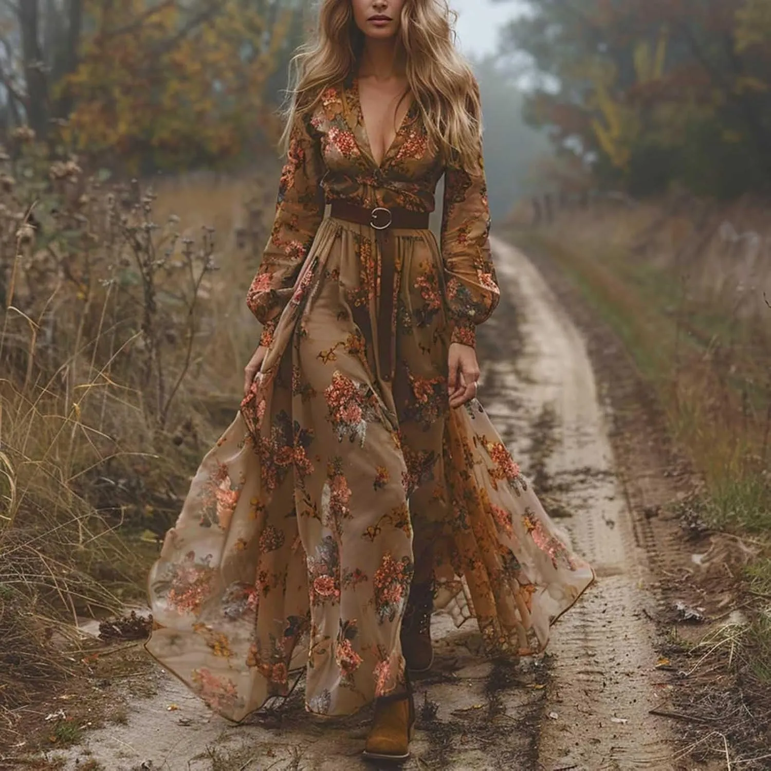 Women's Vintage Floral Maxi Dress Women's Vintage Pastoral Flower Sexy V-Neck Long Sleeve Western Long Dress