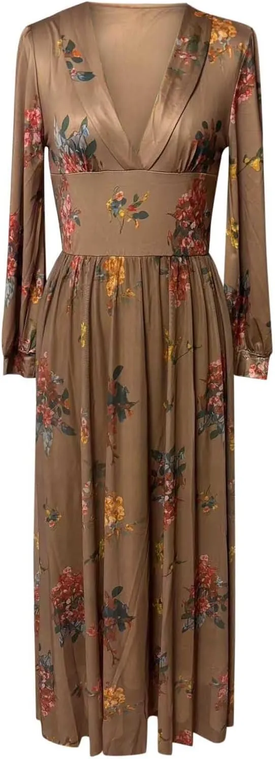 Women's Vintage Floral Maxi Dress Women's Vintage Pastoral Flower Sexy V-Neck Long Sleeve Western Long Dress