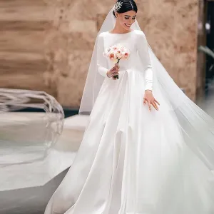 Women's Wedding Round Neck Dresses Ball Gowns Formal Party Bride Long Sleeve Dress Long Skirt