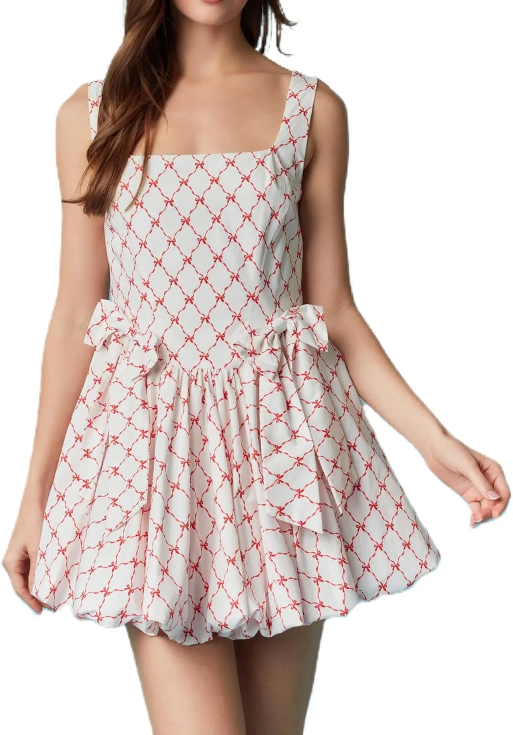 Women's Y2k Floral Print Mini Dress Bow Tie Shoulder Ruffle Babydoll A-Line Sundress Summer Going Out Dress