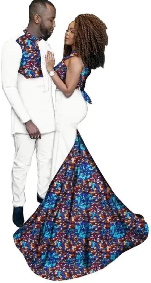 XIAOHUAGUA African Couple Wedding Dresses Mens Long Shirts Suit Women Stand Collar Maxi Dress Skirts
