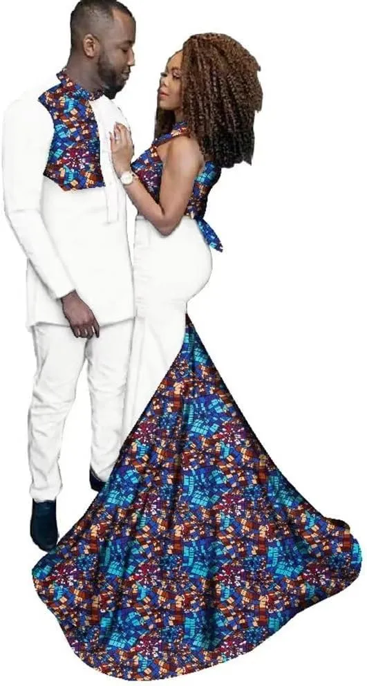 XIAOHUAGUA African Couple Wedding Dresses Mens Long Shirts Suit Women Stand Collar Maxi Dress Skirts