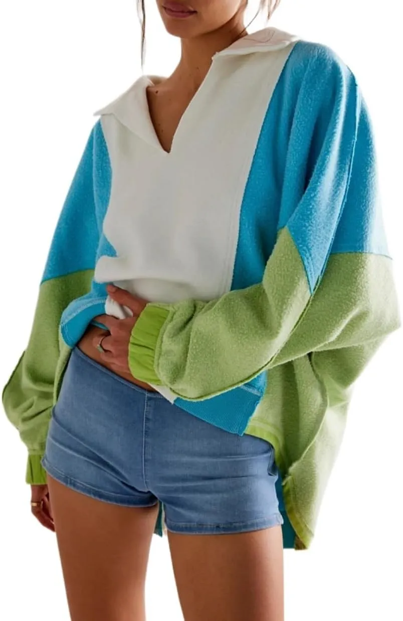 XPONNI V Neck Oversized Sweatershirt Fashion Women Y2k Fleece Patchwork Pullover Cute Colorful Hoodies 2024 Fall
