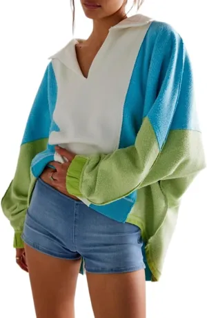 XPONNI V Neck Oversized Sweatershirt Fashion Women Y2k Fleece Patchwork Pullover Cute Colorful Hoodies 2024 Fall