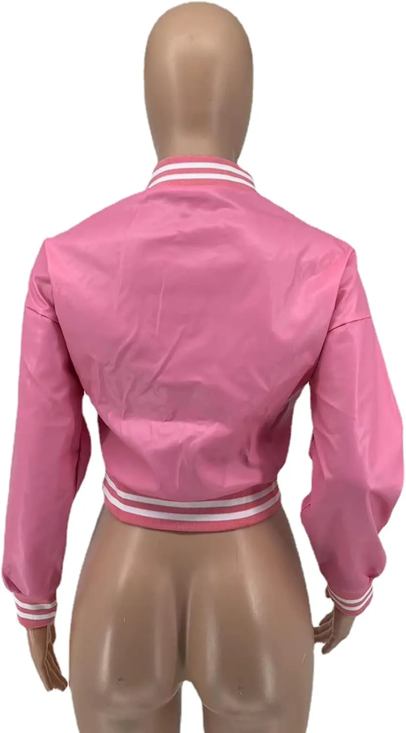 XZLUFNY Women Crop Faux Leather Varsity Baseball Bomber Jackets Button Up Full Sleeve Short Coat