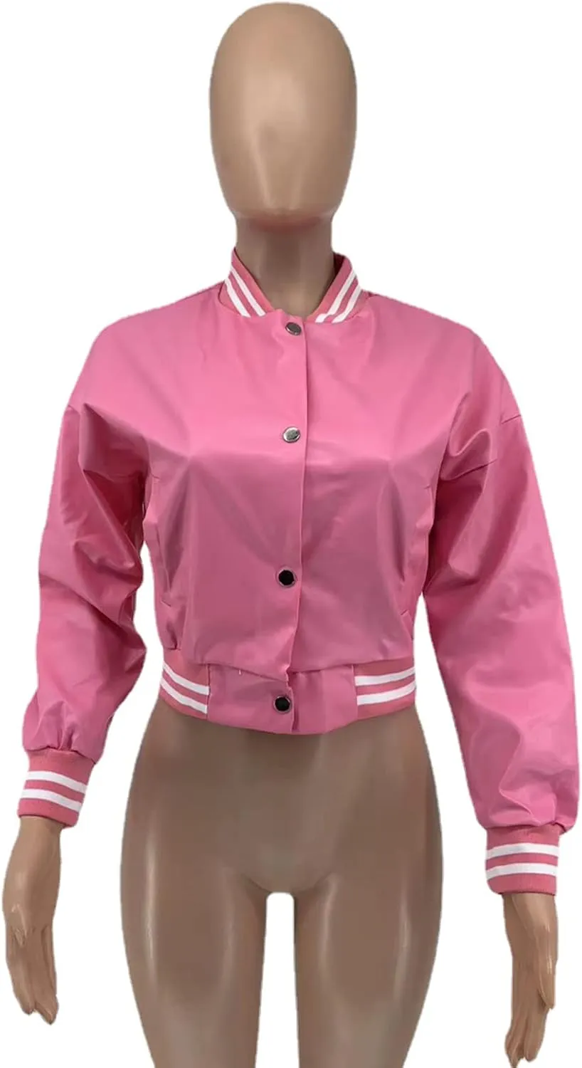 XZLUFNY Women Crop Faux Leather Varsity Baseball Bomber Jackets Button Up Full Sleeve Short Coat