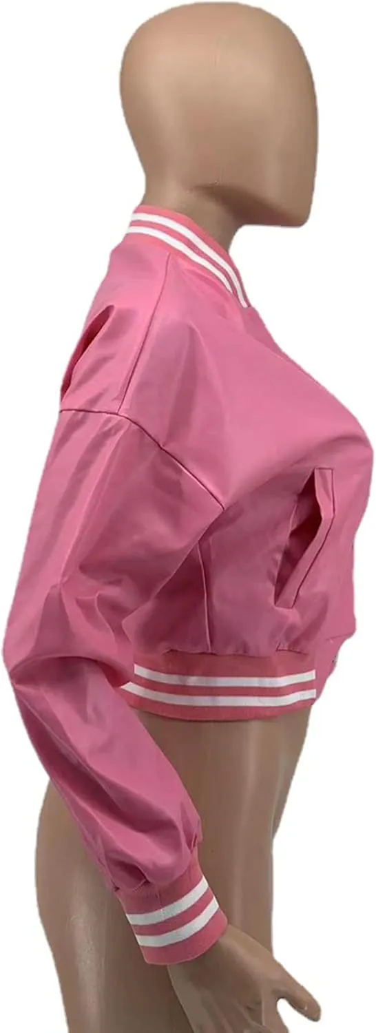 XZLUFNY Women Crop Faux Leather Varsity Baseball Bomber Jackets Button Up Full Sleeve Short Coat
