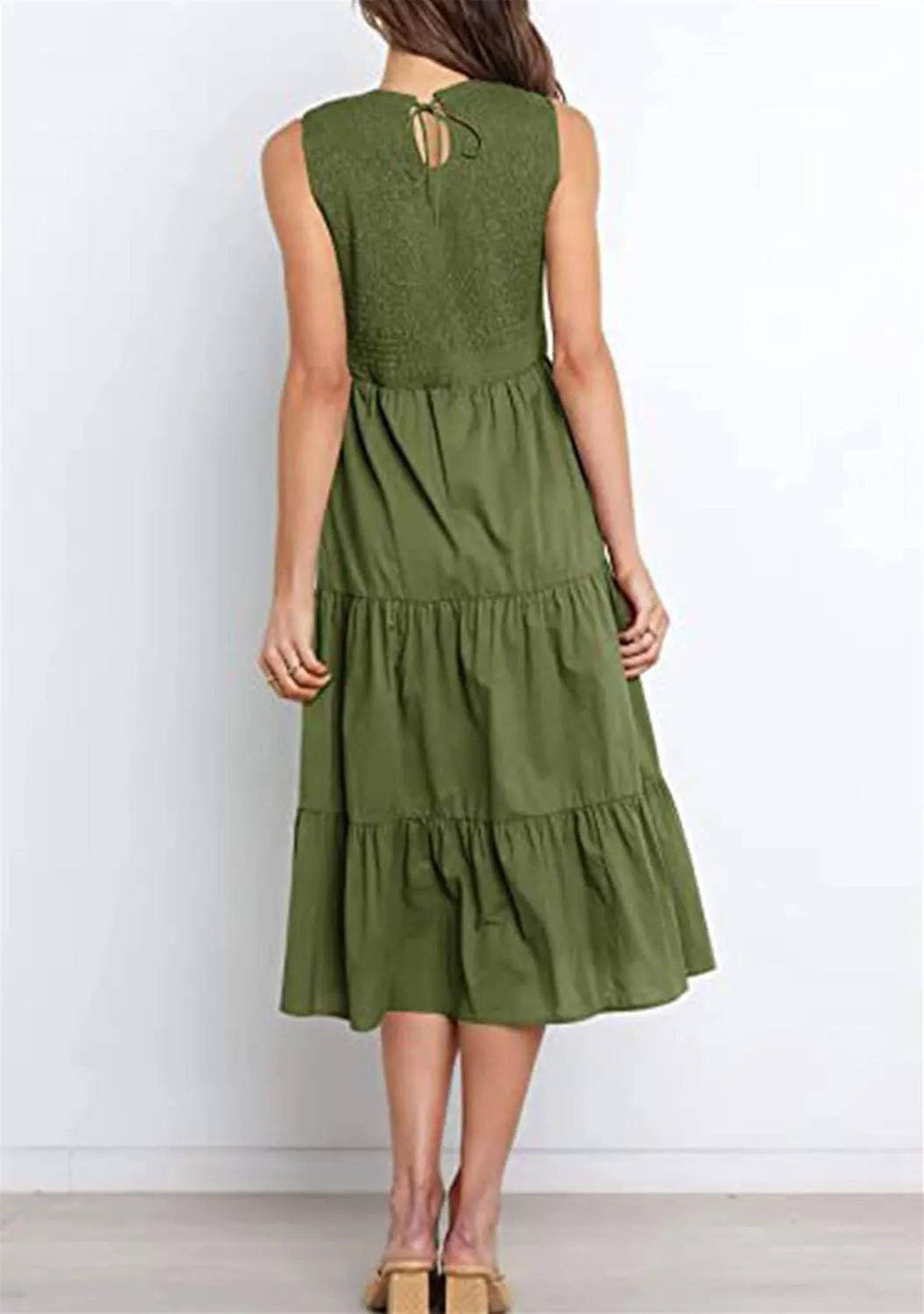 YMING Womens Summer Solid Color Swing Dress Sleeveless Smocked Sundress Beach Ruffle Tank Dresses