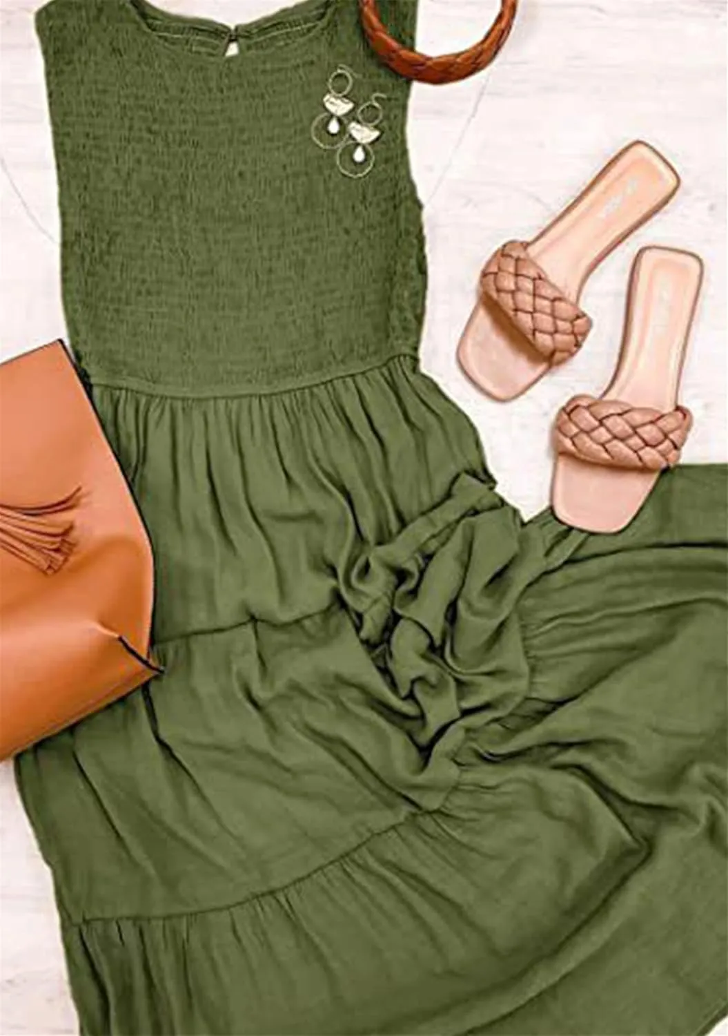 YMING Womens Summer Solid Color Swing Dress Sleeveless Smocked Sundress Beach Ruffle Tank Dresses