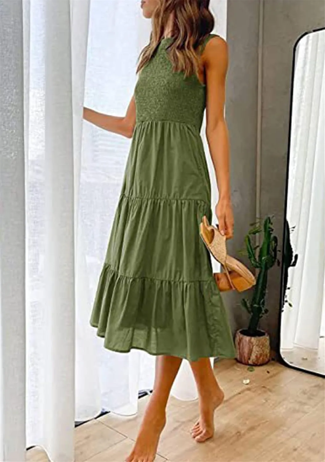 YMING Womens Summer Solid Color Swing Dress Sleeveless Smocked Sundress Beach Ruffle Tank Dresses