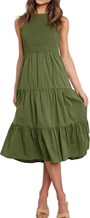 YMING Womens Summer Solid Color Swing Dress Sleeveless Smocked Sundress Beach Ruffle Tank Dresses