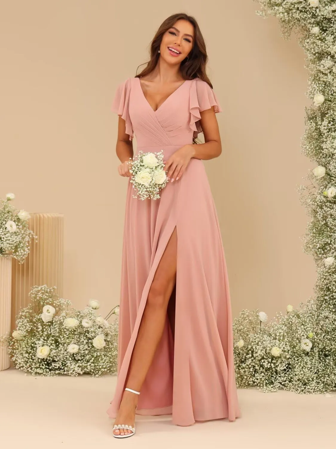 YMSHA Short Sleeve Bridesmaid Dresses with Slit A Line V Neck Pleated Formal Dress YMS428