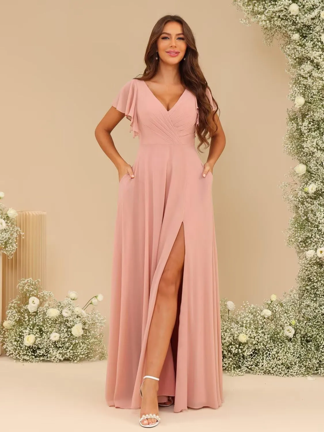 YMSHA Short Sleeve Bridesmaid Dresses with Slit A Line V Neck Pleated Formal Dress YMS428