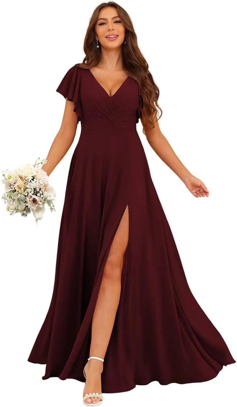 YMSHA Short Sleeve Bridesmaid Dresses with Slit A Line V Neck Pleated Formal Dress YMS428