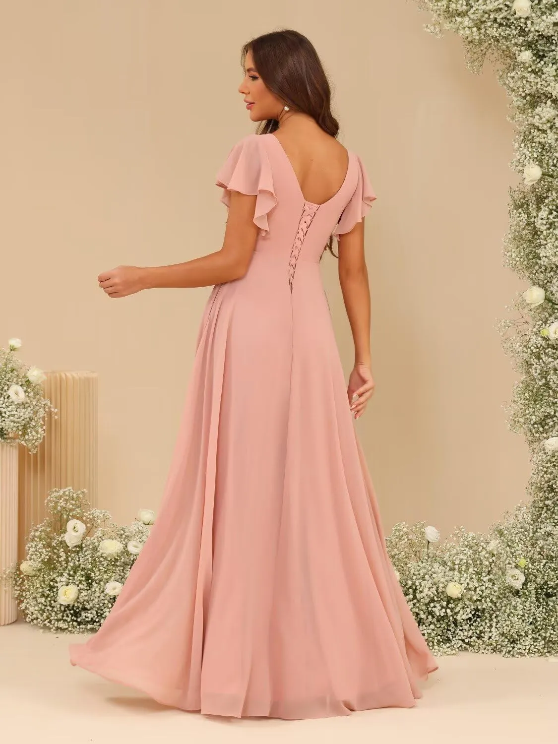 YMSHA Short Sleeve Bridesmaid Dresses with Slit A Line V Neck Pleated Formal Dress YMS428