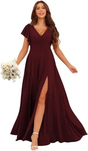 YMSHA Short Sleeve Bridesmaid Dresses with Slit A Line V Neck Pleated Formal Dress YMS428