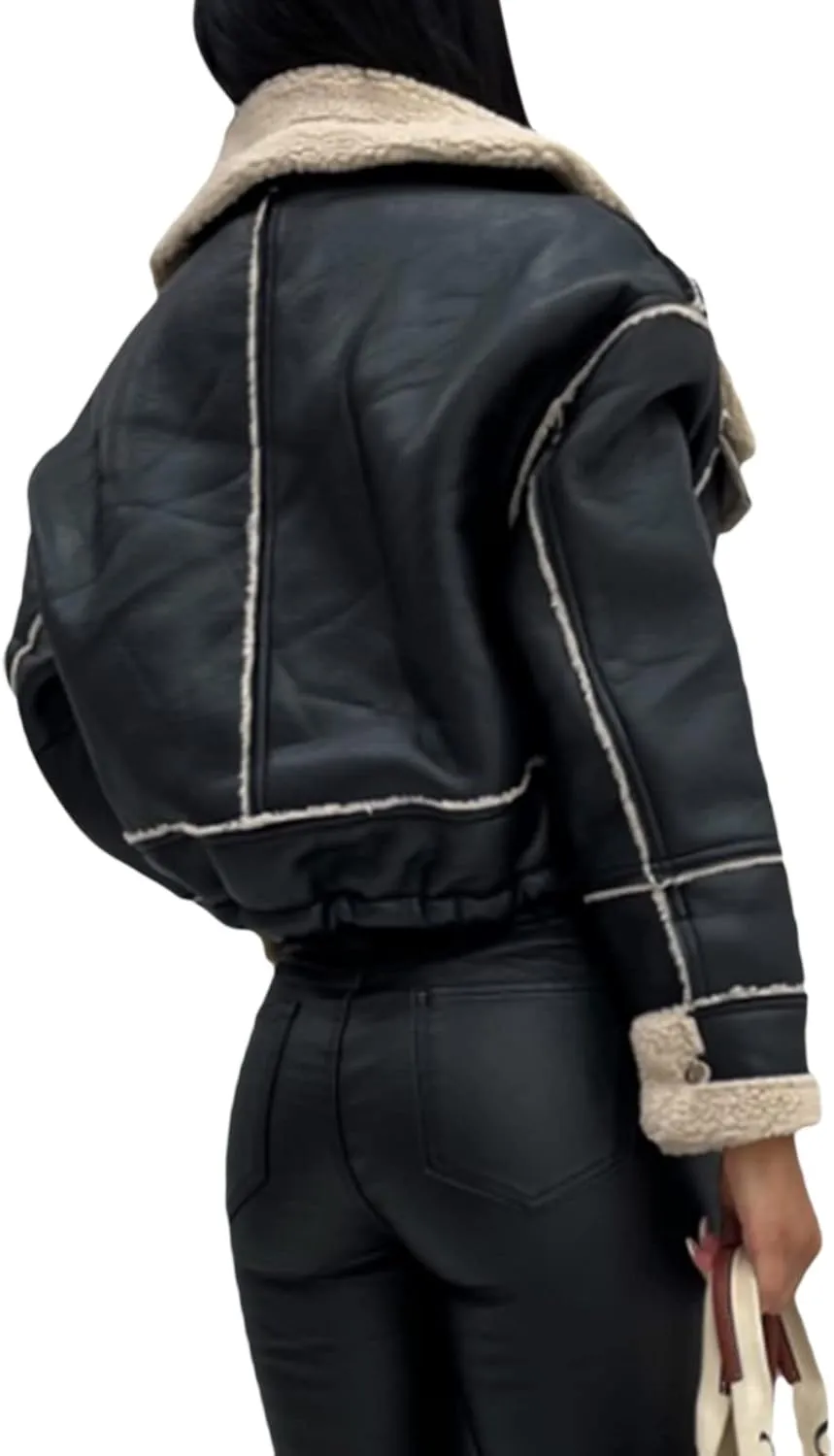Yoskog Winter Leather Jacket for Women Lapel Patchwork Warm Thicken Fleece Lined Jacket Zipper Cropped Bomber Coat