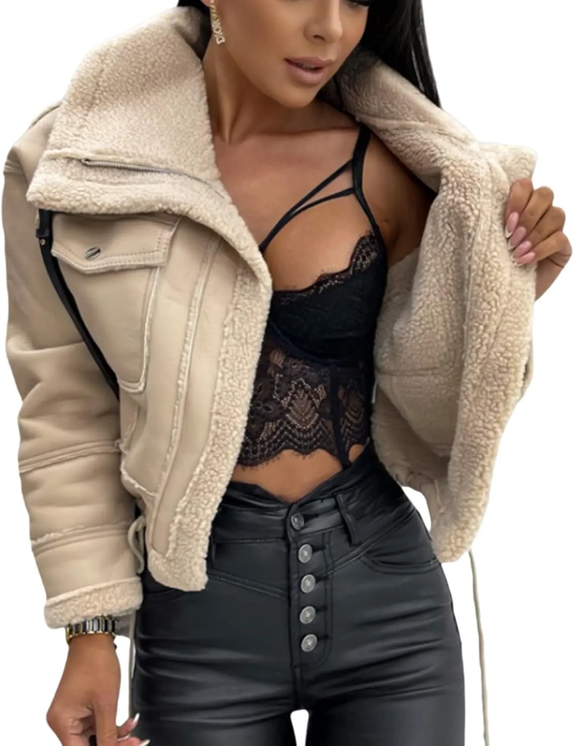 Yoskog Winter Leather Jacket for Women Lapel Patchwork Warm Thicken Fleece Lined Jacket Zipper Cropped Bomber Coat