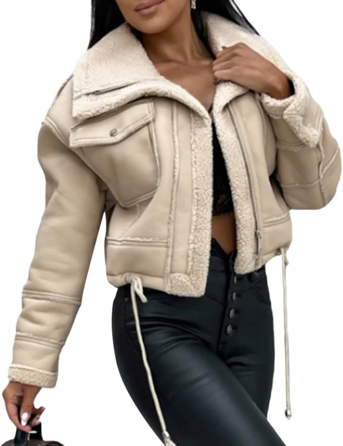 Yoskog Winter Leather Jacket for Women Lapel Patchwork Warm Thicken Fleece Lined Jacket Zipper Cropped Bomber Coat