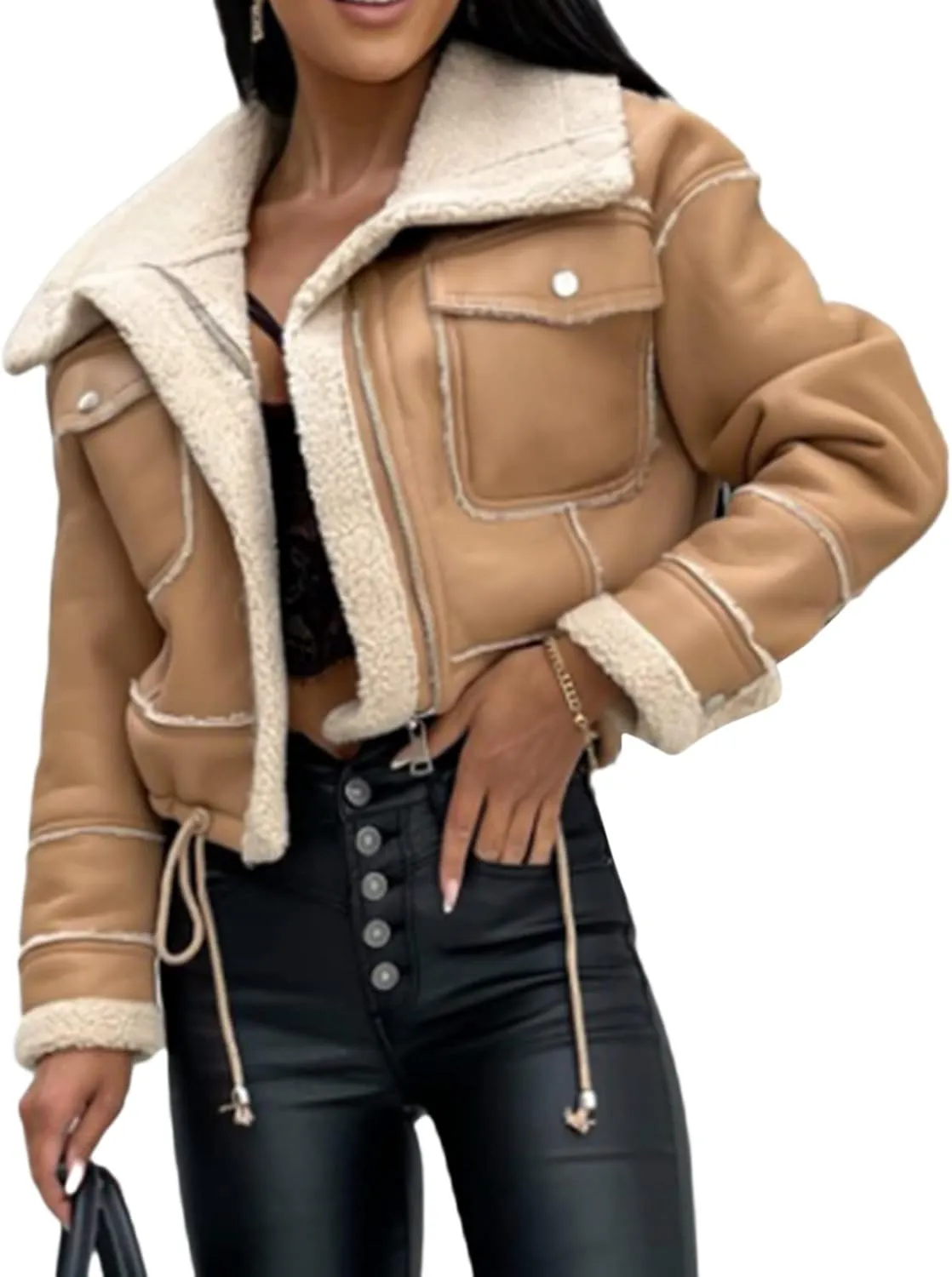 Yoskog Winter Leather Jacket for Women Lapel Patchwork Warm Thicken Fleece Lined Jacket Zipper Cropped Bomber Coat