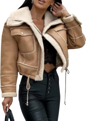 Yoskog Winter Leather Jacket for Women Lapel Patchwork Warm Thicken Fleece Lined Jacket Zipper Cropped Bomber Coat