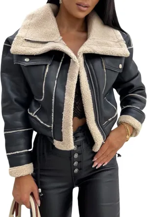 Yoskog Winter Leather Jacket for Women Lapel Patchwork Warm Thicken Fleece Lined Jacket Zipper Cropped Bomber Coat
