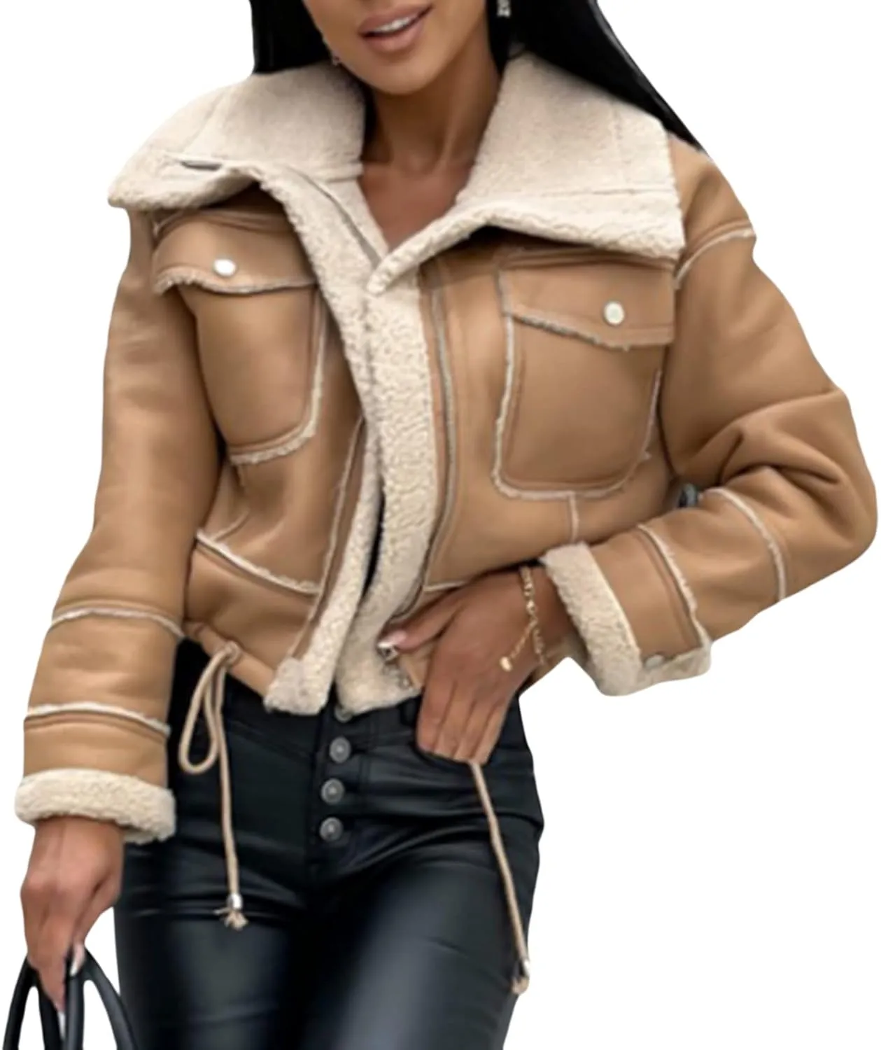Yoskog Winter Leather Jacket for Women Lapel Patchwork Warm Thicken Fleece Lined Jacket Zipper Cropped Bomber Coat