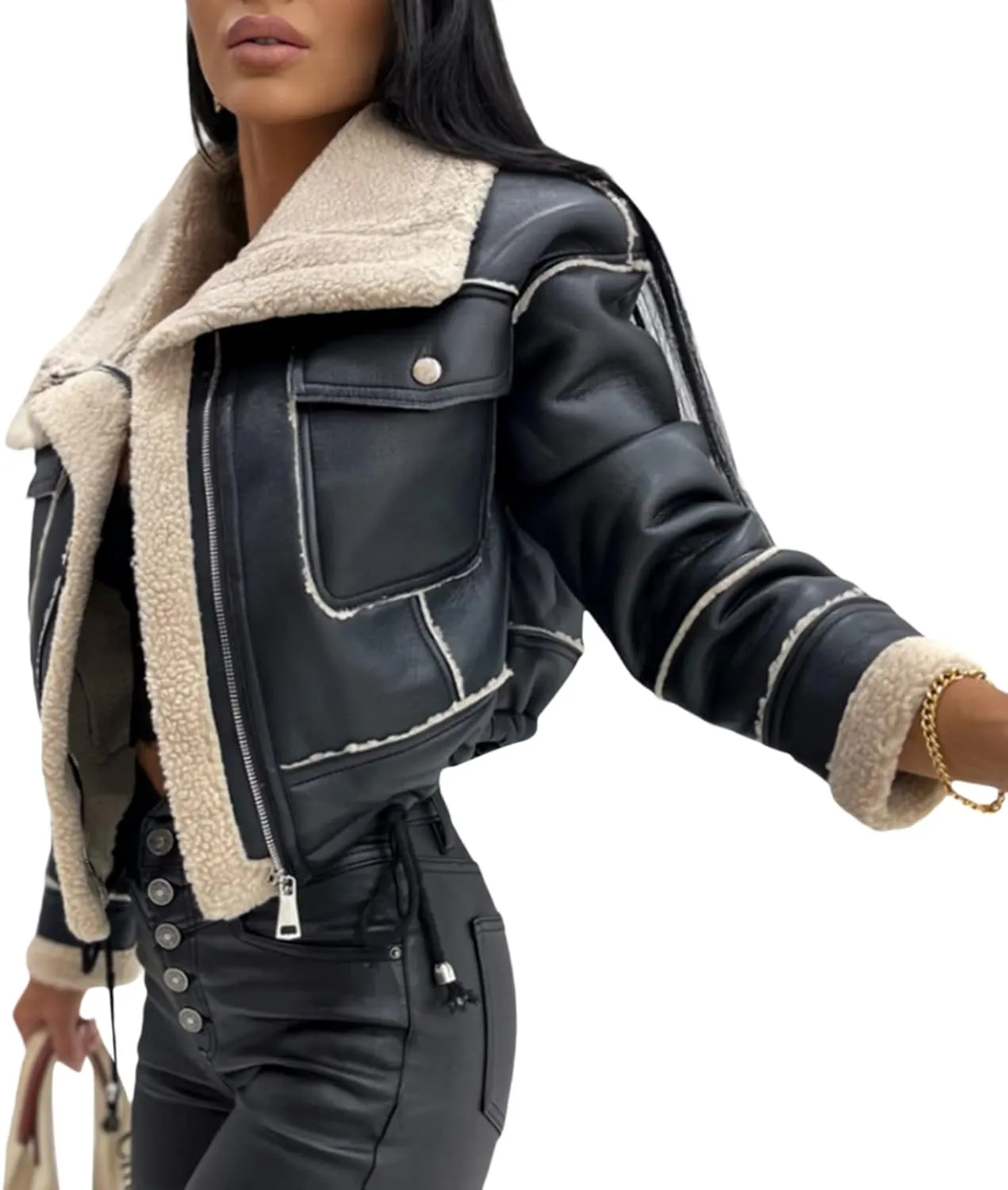 Yoskog Winter Leather Jacket for Women Lapel Patchwork Warm Thicken Fleece Lined Jacket Zipper Cropped Bomber Coat