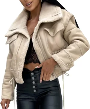 Yoskog Winter Leather Jacket for Women Lapel Patchwork Warm Thicken Fleece Lined Jacket Zipper Cropped Bomber Coat