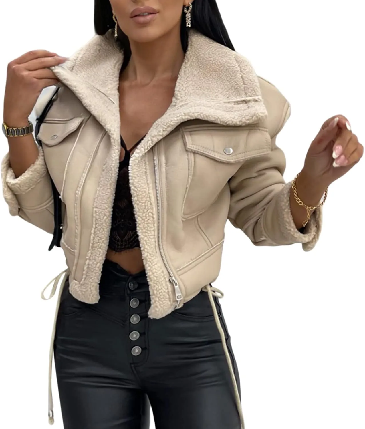 Yoskog Winter Leather Jacket for Women Lapel Patchwork Warm Thicken Fleece Lined Jacket Zipper Cropped Bomber Coat