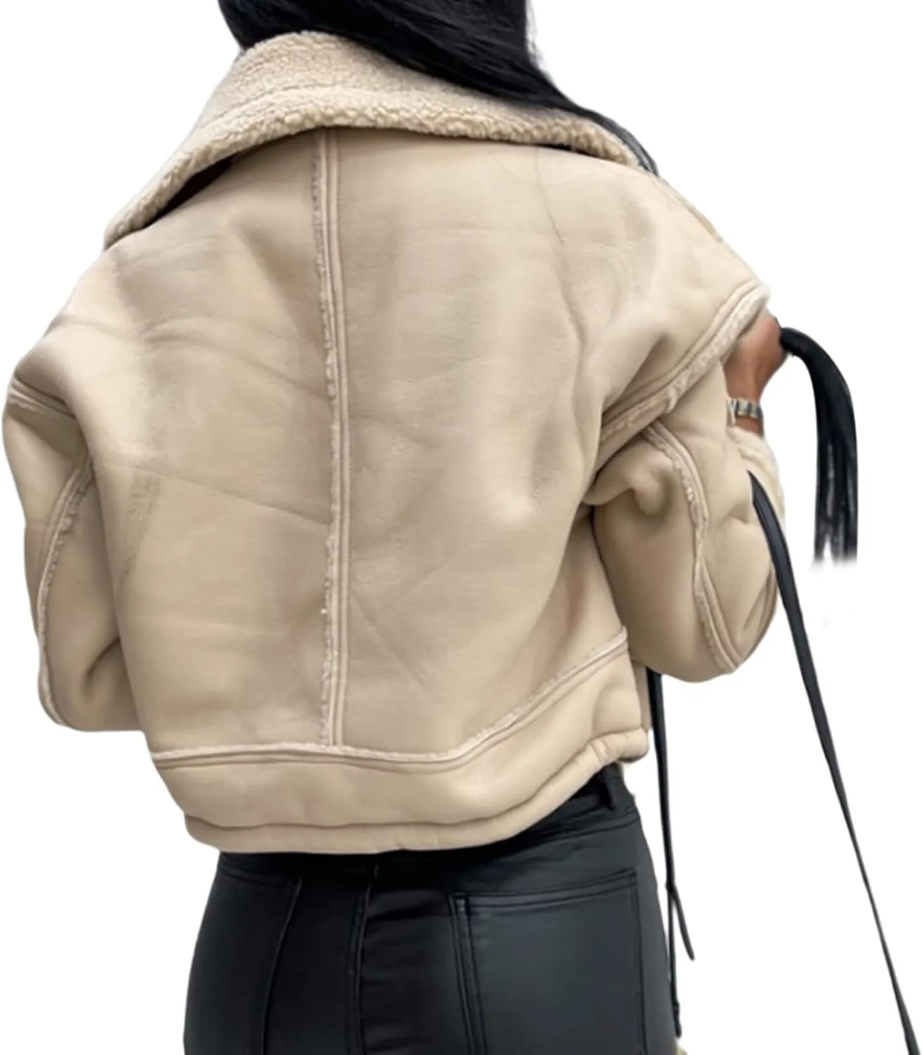 Yoskog Winter Leather Jacket for Women Lapel Patchwork Warm Thicken Fleece Lined Jacket Zipper Cropped Bomber Coat