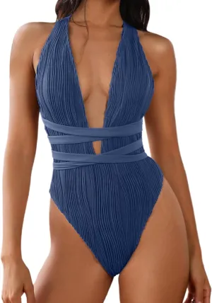 ZAFUL Women's One Piece Swimsuit Deep V Neck Ribbed Self Tie Sexy High Cut Bathing Suit Crisscross Back Swimwear