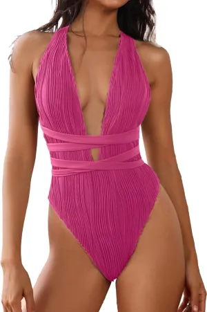 ZAFUL Women's One Piece Swimsuit Deep V Neck Ribbed Self Tie Sexy High Cut Bathing Suit Crisscross Back Swimwear