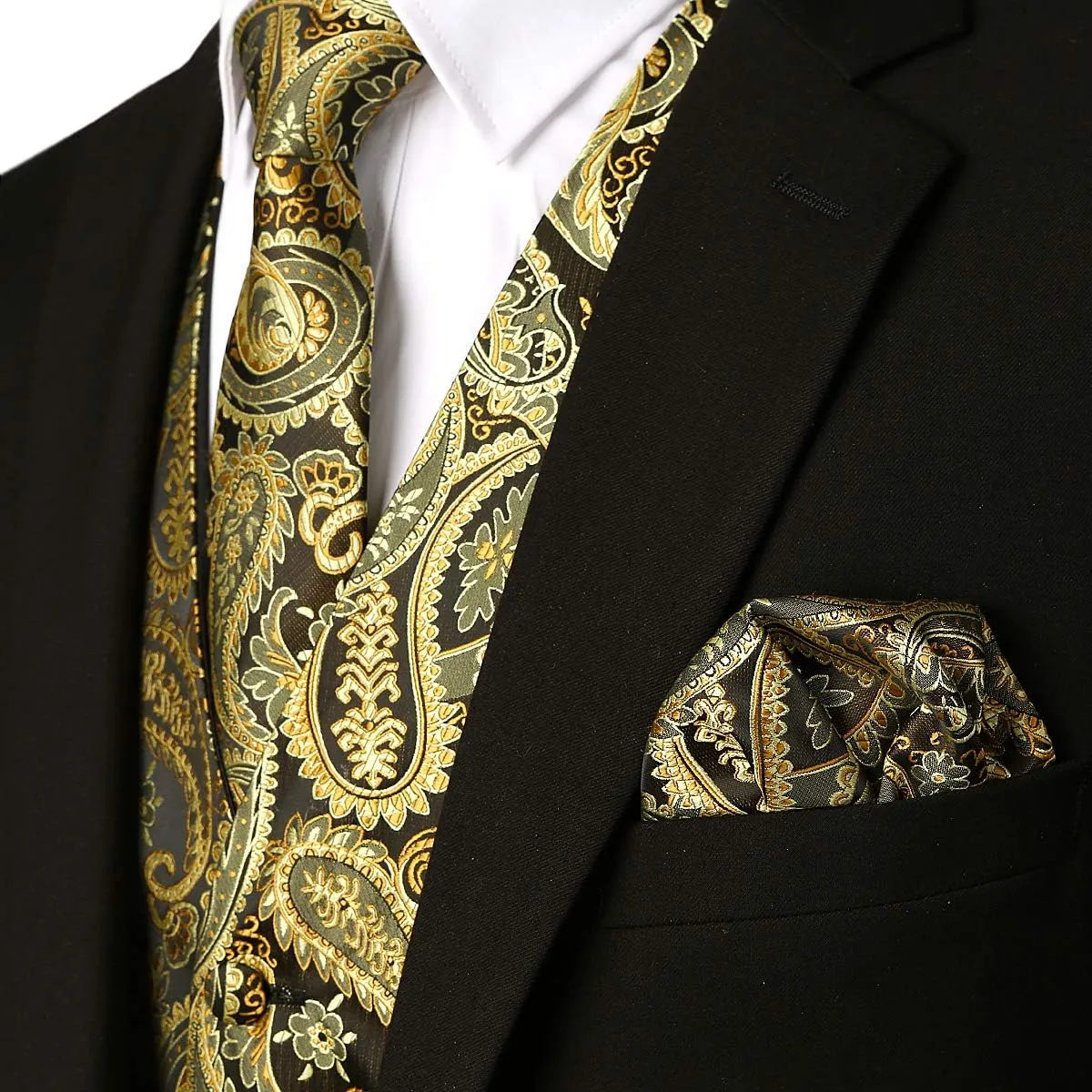 ZEROYAA Mens Classic 3pc Jacquard Paisley Vest Set Necktie Pocket Square Waistcoat for Suit or Tuxedo