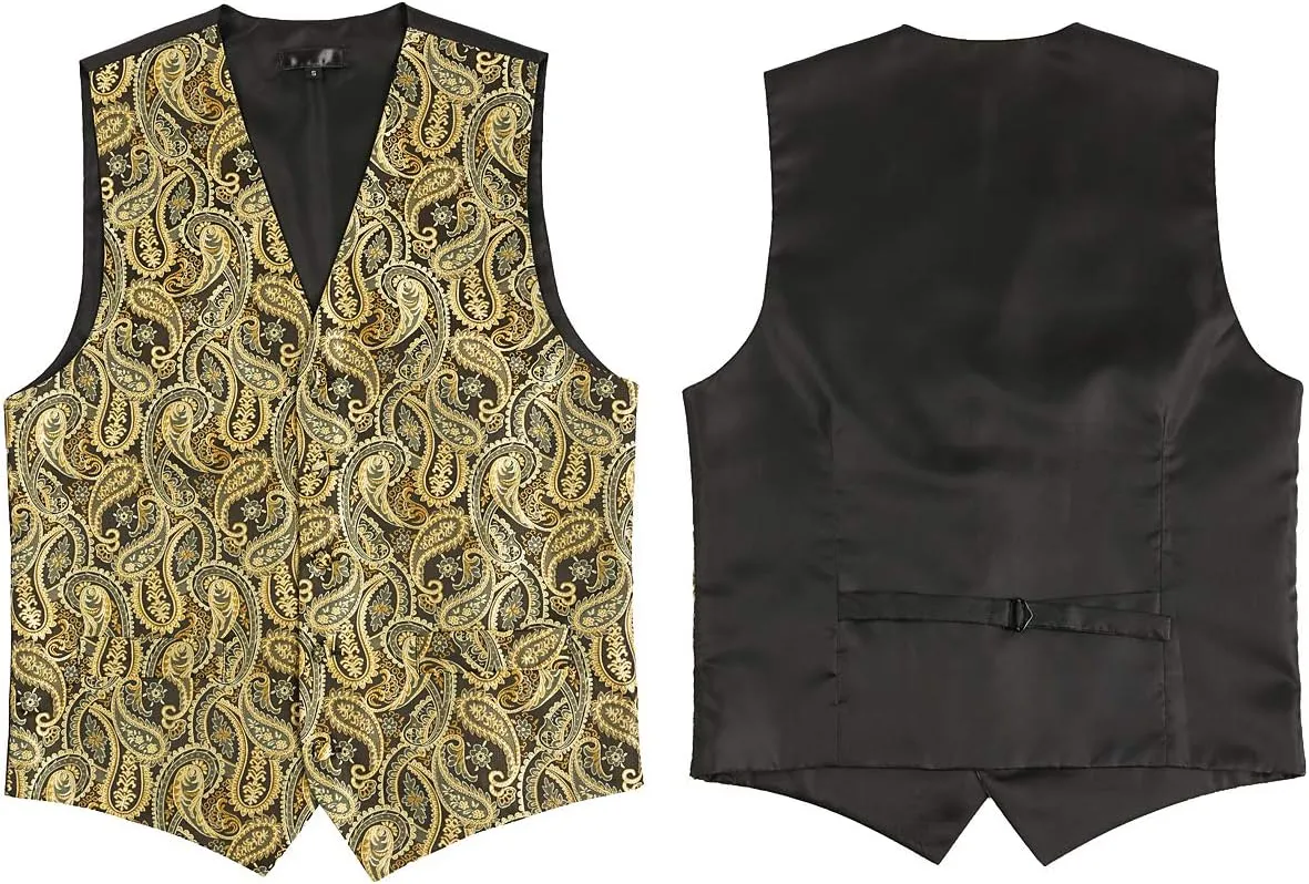 ZEROYAA Mens Classic 3pc Jacquard Paisley Vest Set Necktie Pocket Square Waistcoat for Suit or Tuxedo