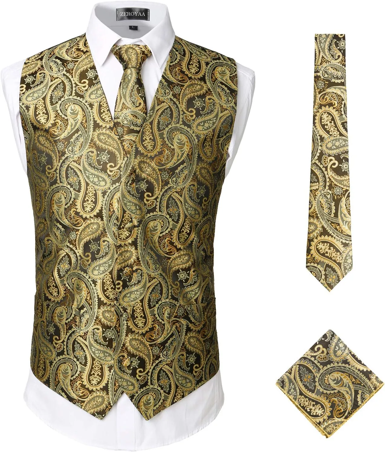 ZEROYAA Mens Classic 3pc Jacquard Paisley Vest Set Necktie Pocket Square Waistcoat for Suit or Tuxedo