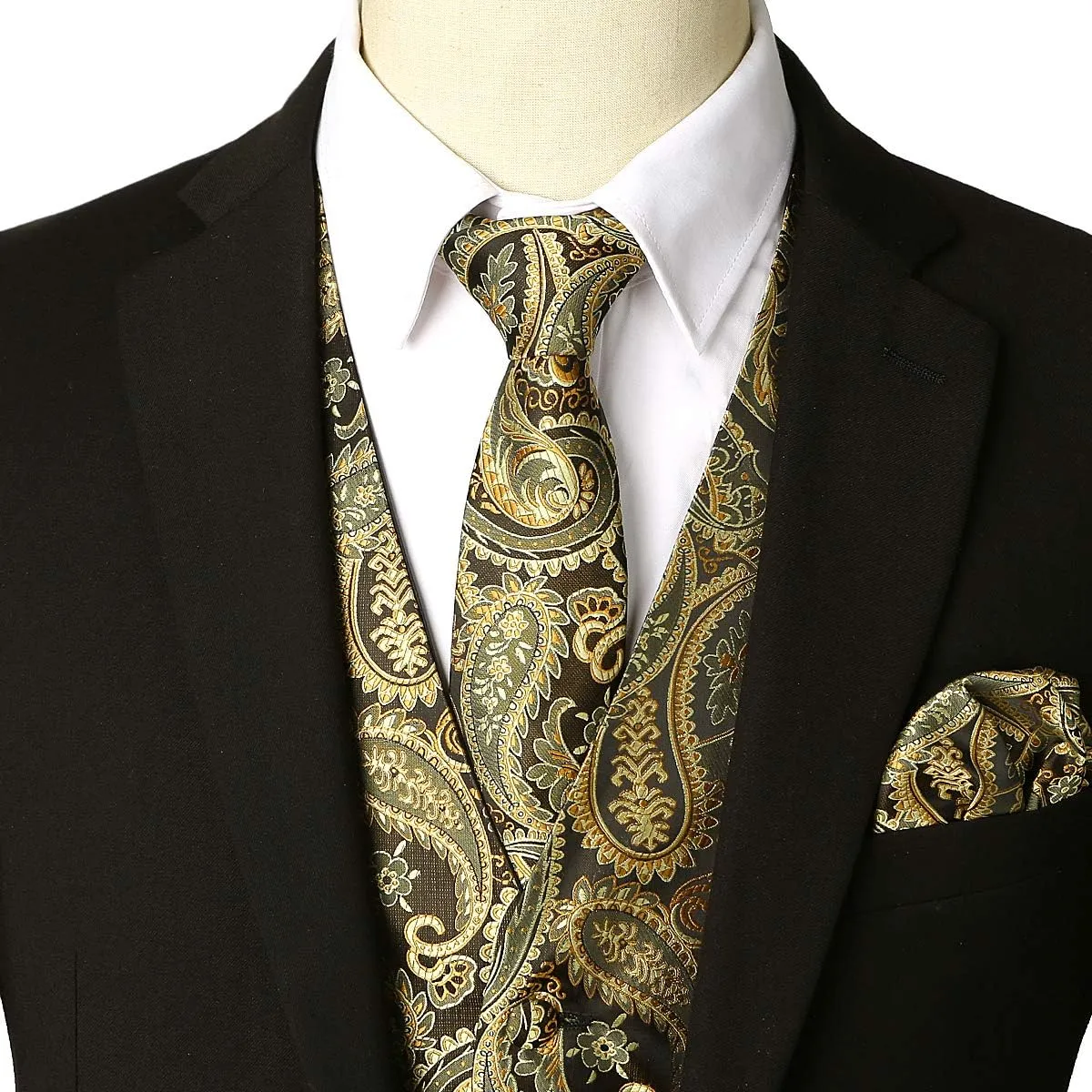 ZEROYAA Mens Classic 3pc Jacquard Paisley Vest Set Necktie Pocket Square Waistcoat for Suit or Tuxedo