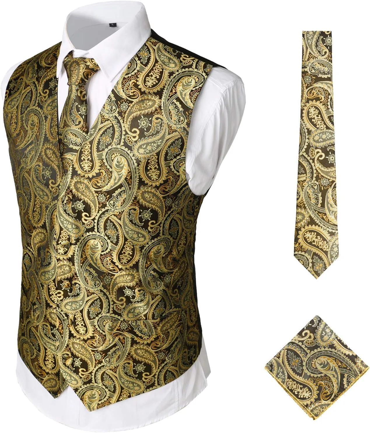 ZEROYAA Mens Classic 3pc Jacquard Paisley Vest Set Necktie Pocket Square Waistcoat for Suit or Tuxedo