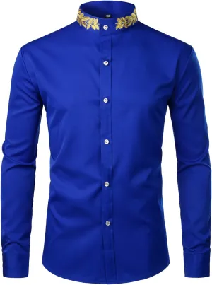 ZEROYAA Mens Hipster Gold Embroidery Mandarin Collar Slim Fit Long Sleeve Casual Dress Shirts
