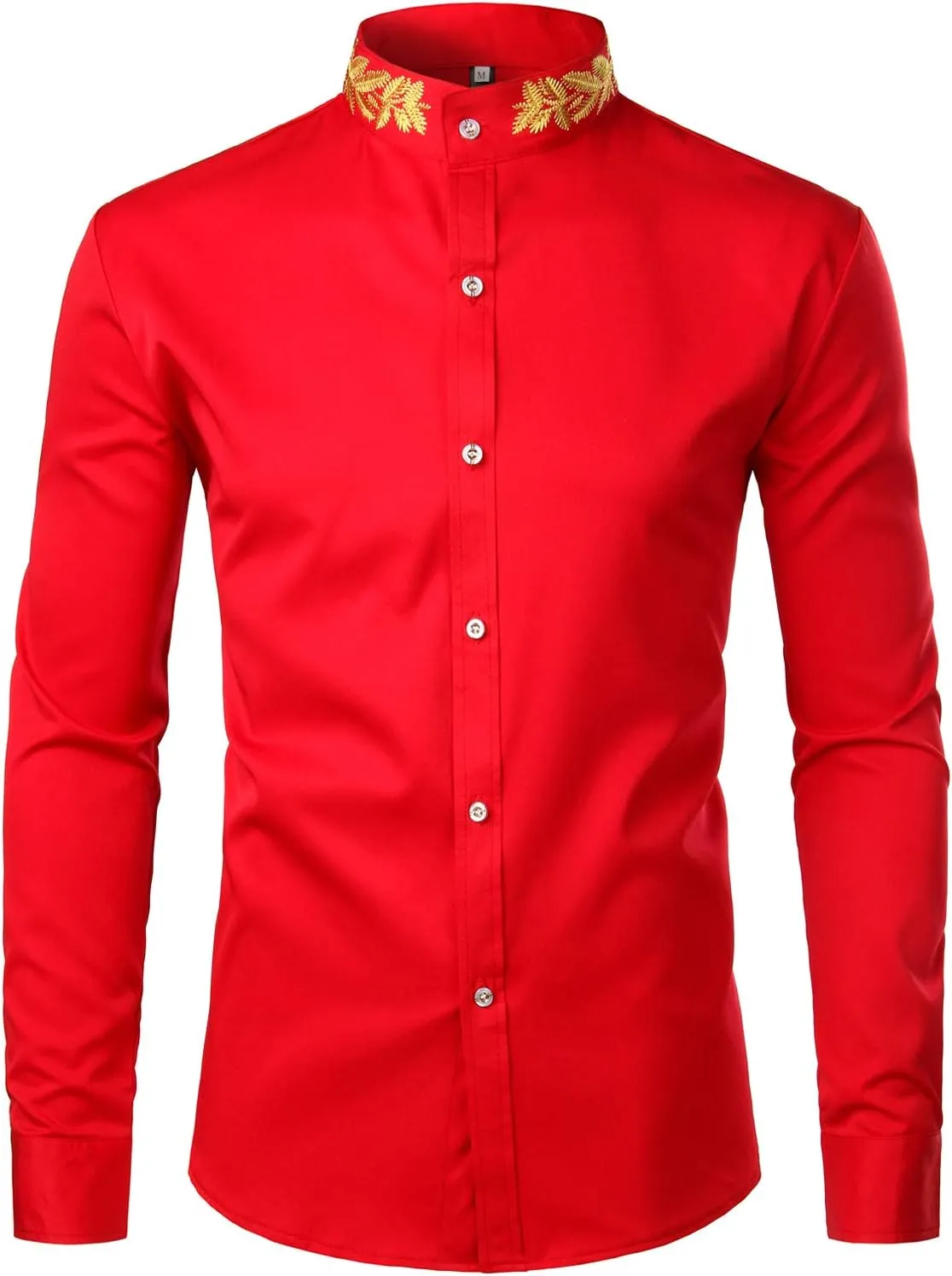 ZEROYAA Mens Hipster Gold Embroidery Mandarin Collar Slim Fit Long Sleeve Casual Dress Shirts