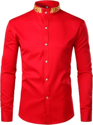 ZEROYAA Mens Hipster Gold Embroidery Mandarin Collar Slim Fit Long Sleeve Casual Dress Shirts