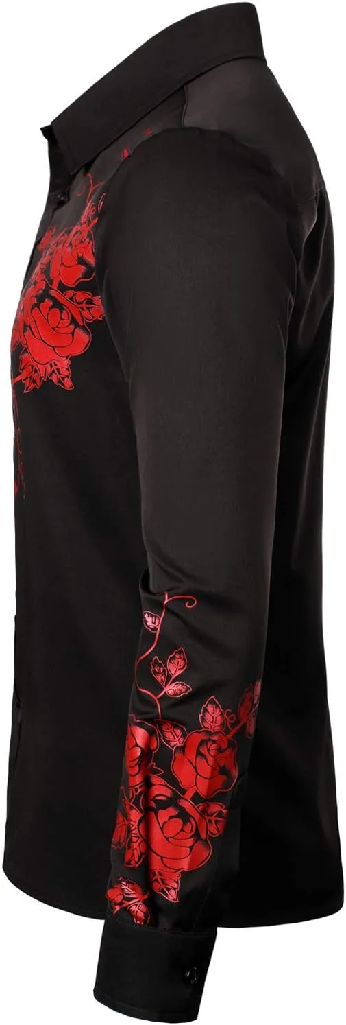 ZEROYAA Men's Hipster Rose Floral Printed Slim Fit Long Sleeve Button Up Party Dress Shirts