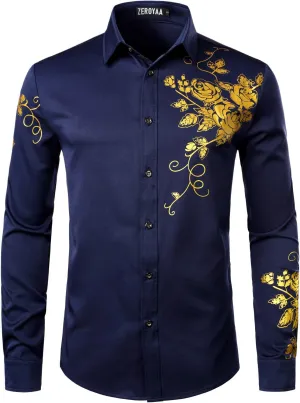 ZEROYAA Men's Hipster Rose Floral Printed Slim Fit Long Sleeve Button Up Party Dress Shirts