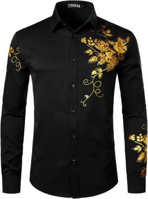 ZEROYAA Men's Hipster Rose Floral Printed Slim Fit Long Sleeve Button Up Party Dress Shirts