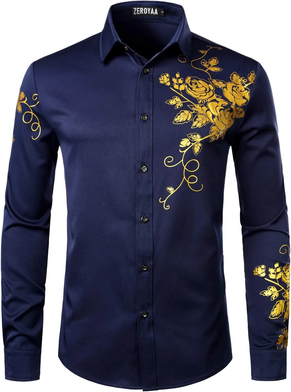 ZEROYAA Men's Hipster Rose Floral Printed Slim Fit Long Sleeve Button Up Party Dress Shirts